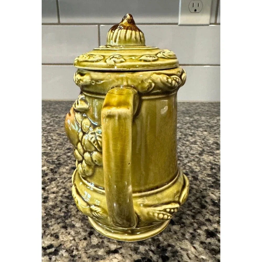 Vtg MCM Tilso Avocado Green Glazed Fruit Motiff Ceramic Tea Pot w Lid Japan